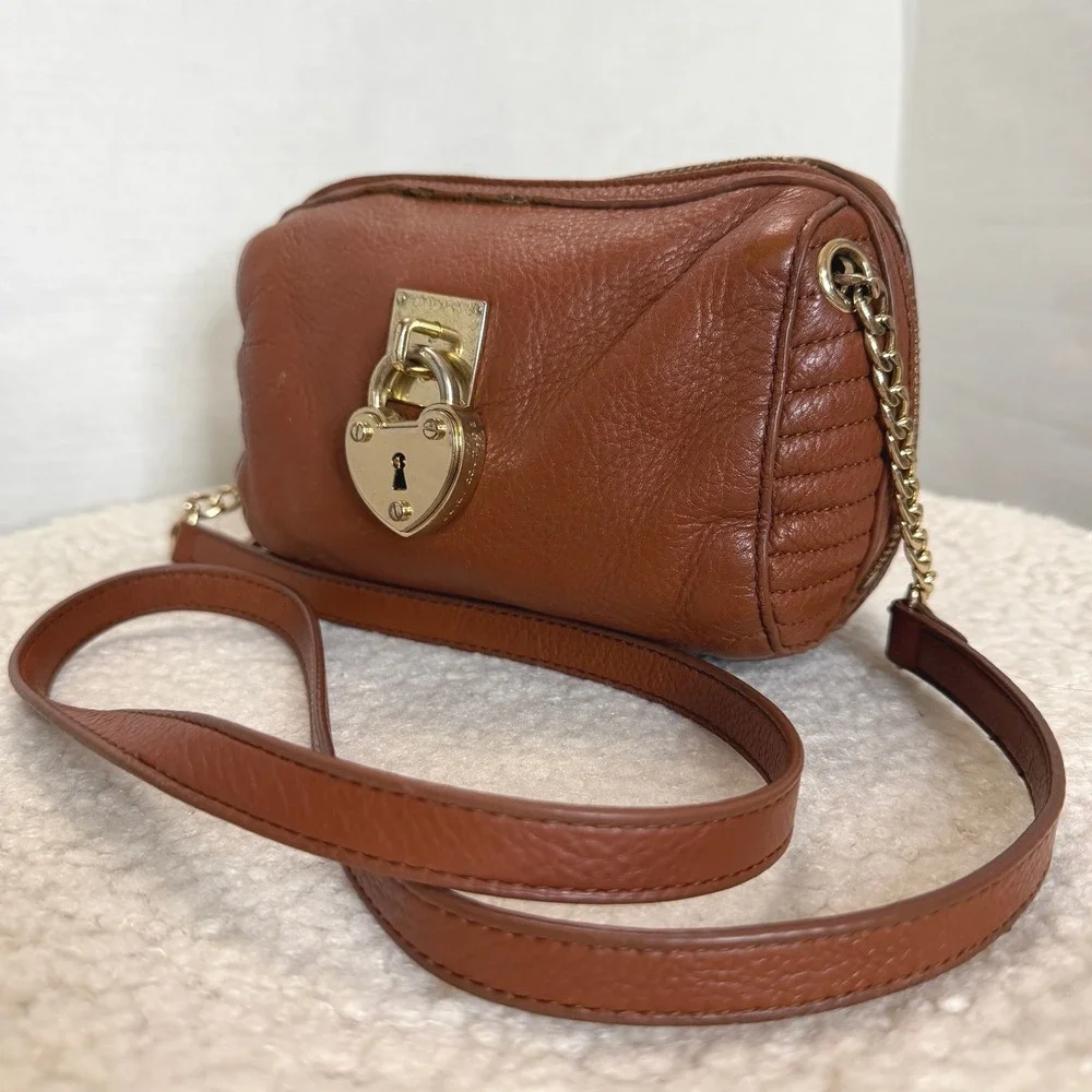 Juicy Couture Brown Leather Crossbody Bag Heart Padlock Leopard Print Lining - Picture 2 of 15